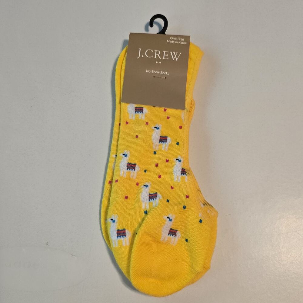 J Crew No-Show Socks Womens One Size Yellow Llama Print Cotton Blend NWT